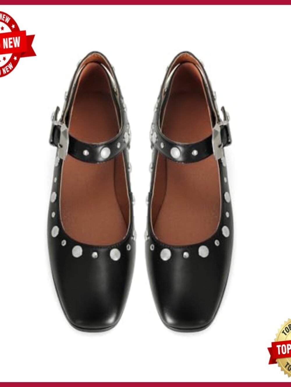 Studded Mary Jane Ballet Flats with Buckle Strap, Square Toe, Faux Leather - Picture 6 of 7